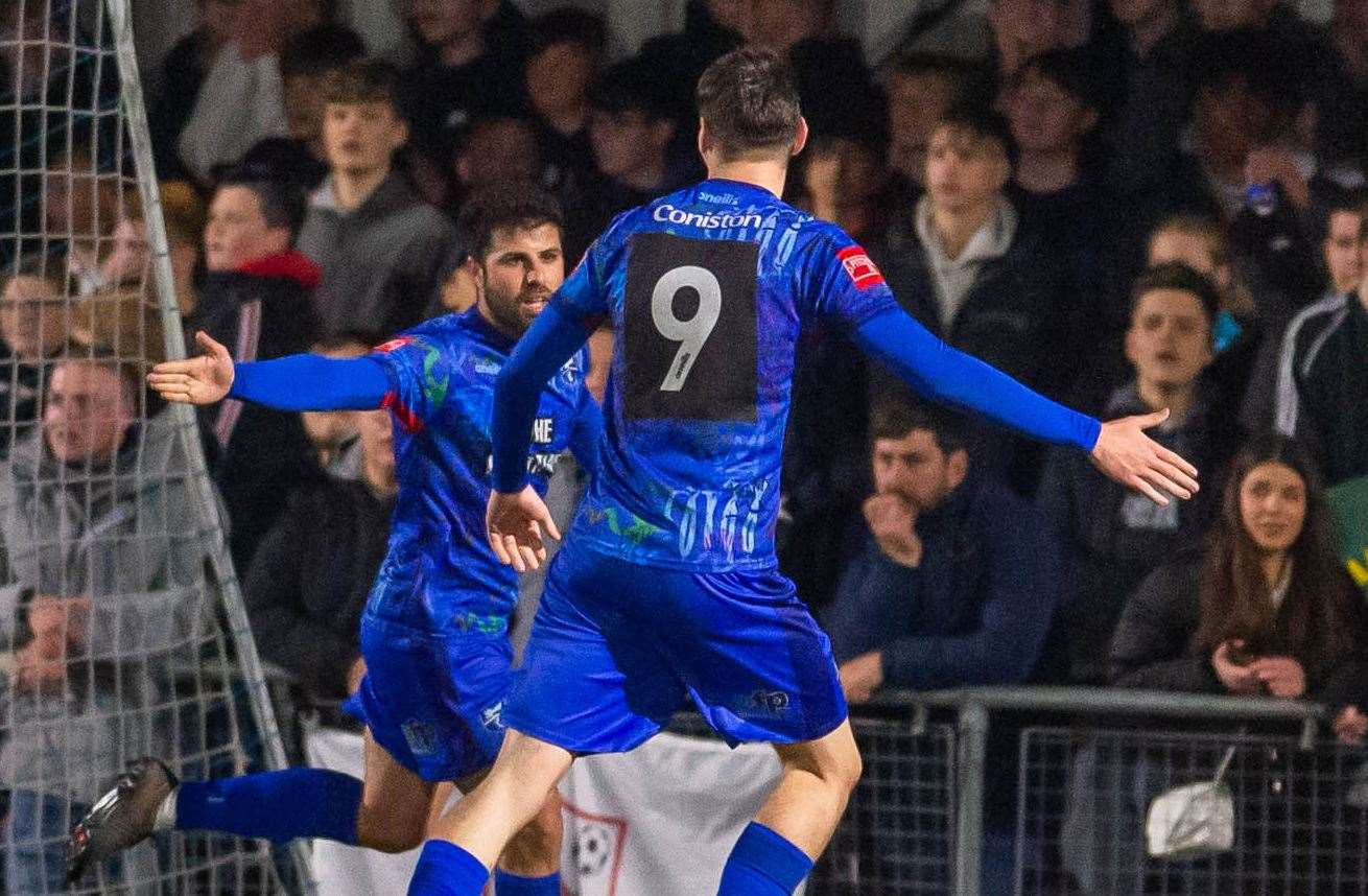 Yaser Kasim celebrates Margate's second with Harvey Smith as they beat 10-man Thanet rivals Ramsgate 3-1 on Tuesday to reach the Kent Senior Cup Final. Picture: Ian Scammell
