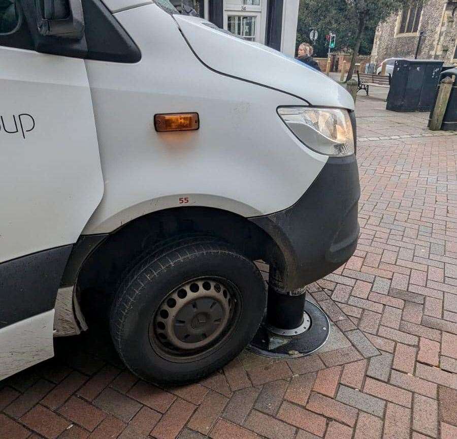 A DPD delivery van was impaled by the bollards in Canterbury earlier on Thursday