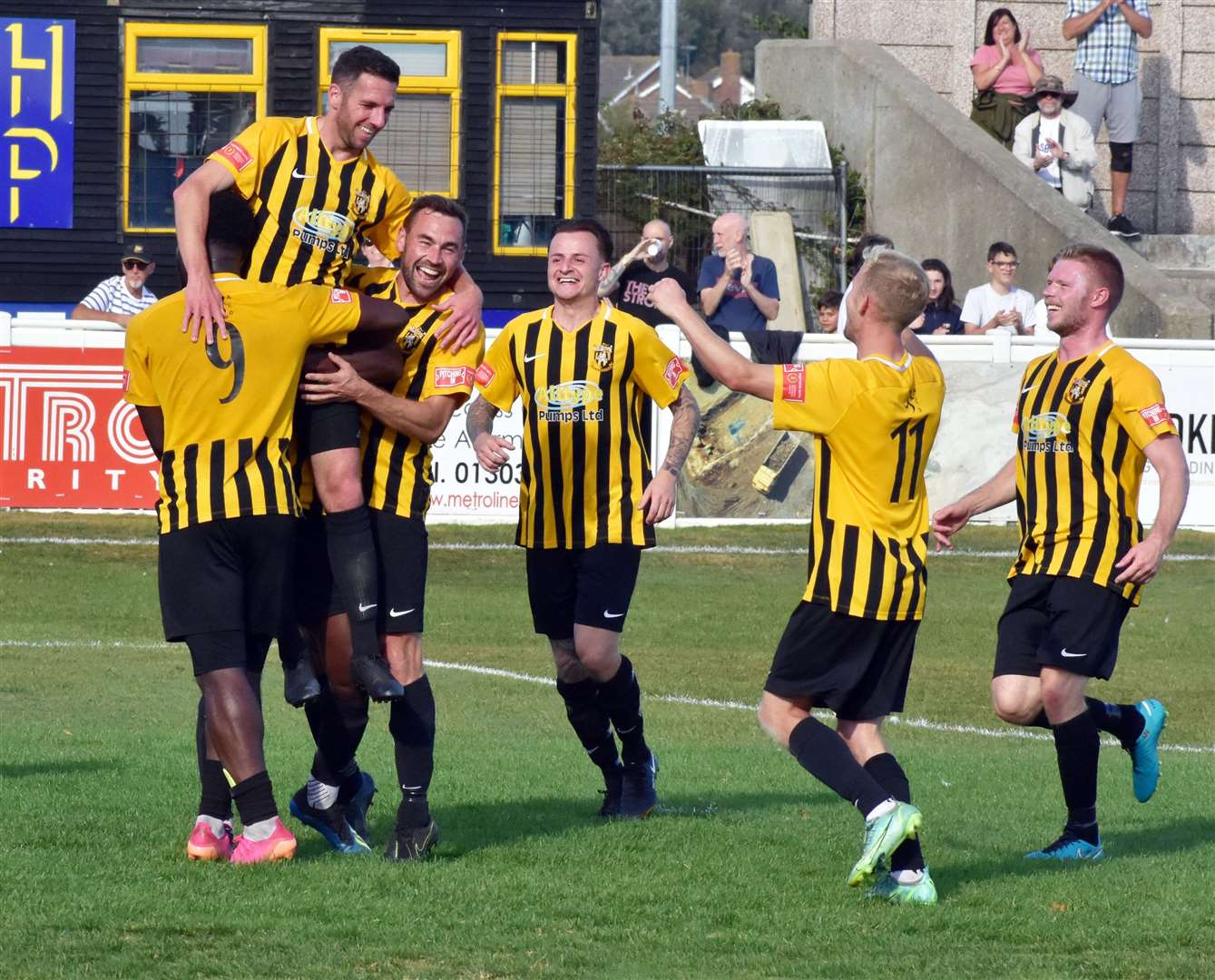 Folkestone celebrate Ian Draycott's 142nd goal - a club record - against Potters Bar in September last year Picture: Randolph File