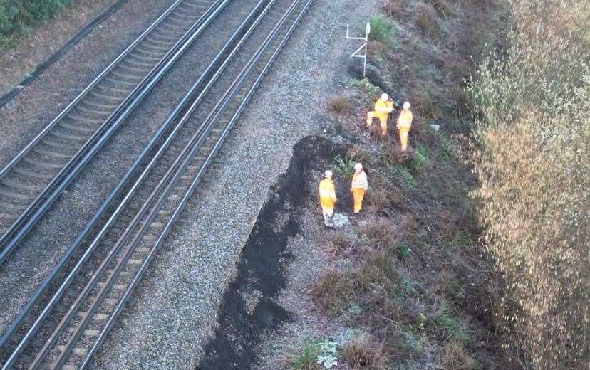 Engineers at the scene of the landslip in Newington. Picture: Southeastern