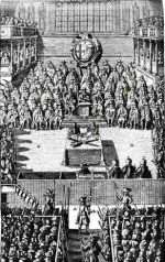 The trial of King Charles. Andrew Broughton, from Maidstone, is on the left of the table with the crossed maces