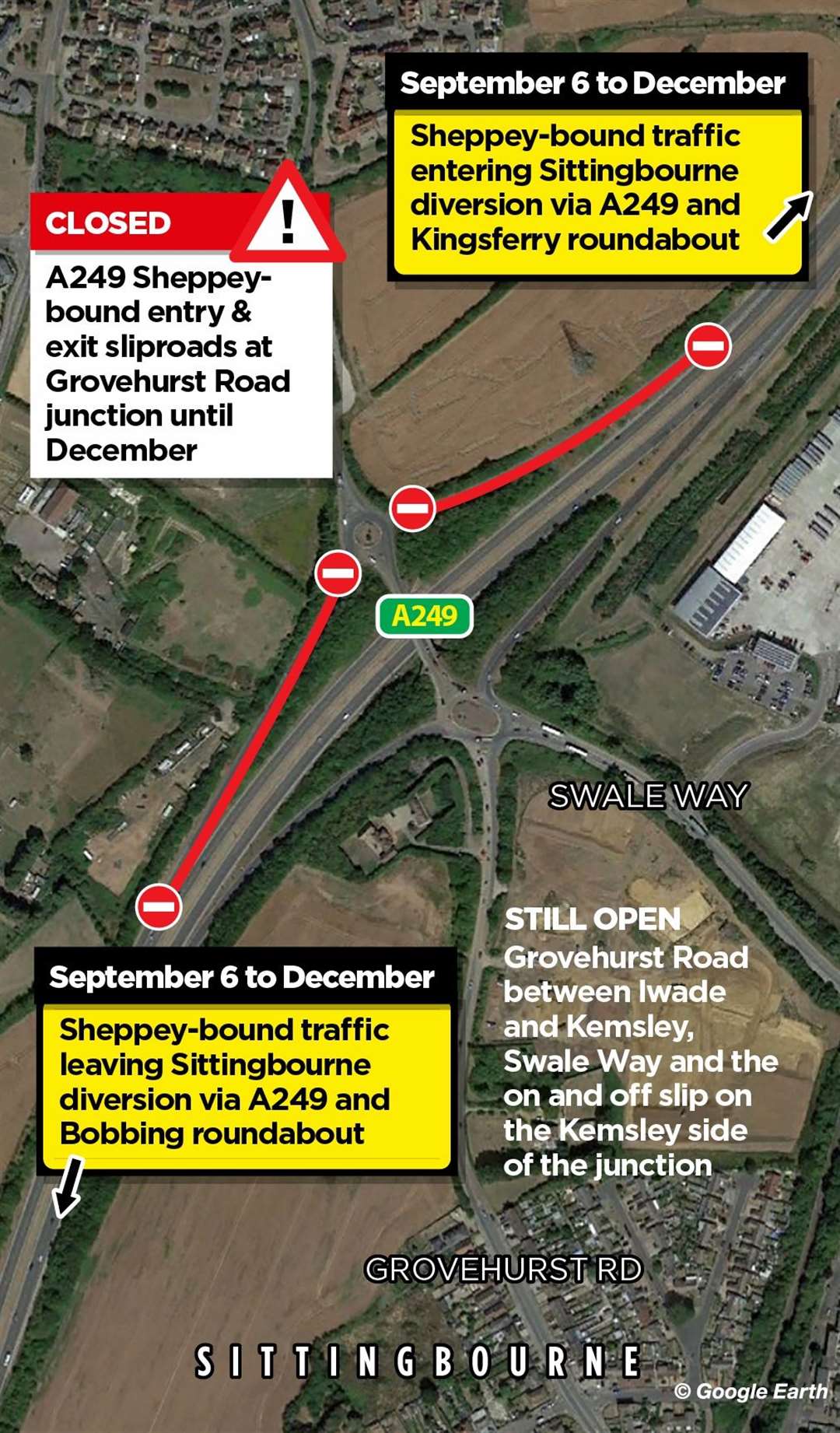 The Grovehurst Junction entry and exit slip closure is in place from September until December. Picture: KM Graphics
