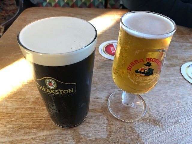 One of the darkest pints I’ve seen for years, the IPA was off so I chose a Theakston Mild and Mrs SD went for half a Moretti