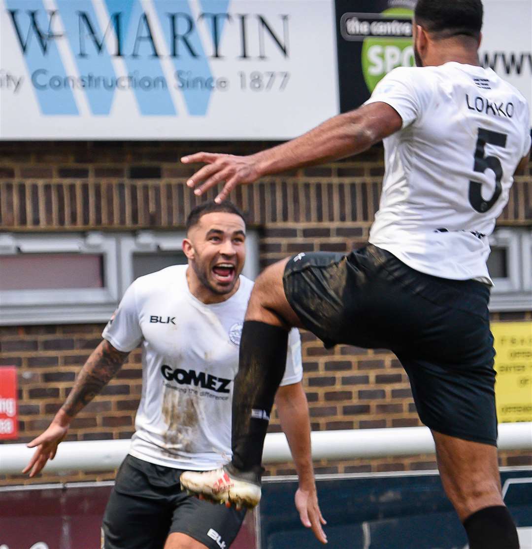Dover midfielder Jai Reason celebrates scoring against Harrogate last season Picture: Alan Langley