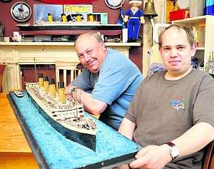Bob Pryor and son Nigel with one of their Titanic models
