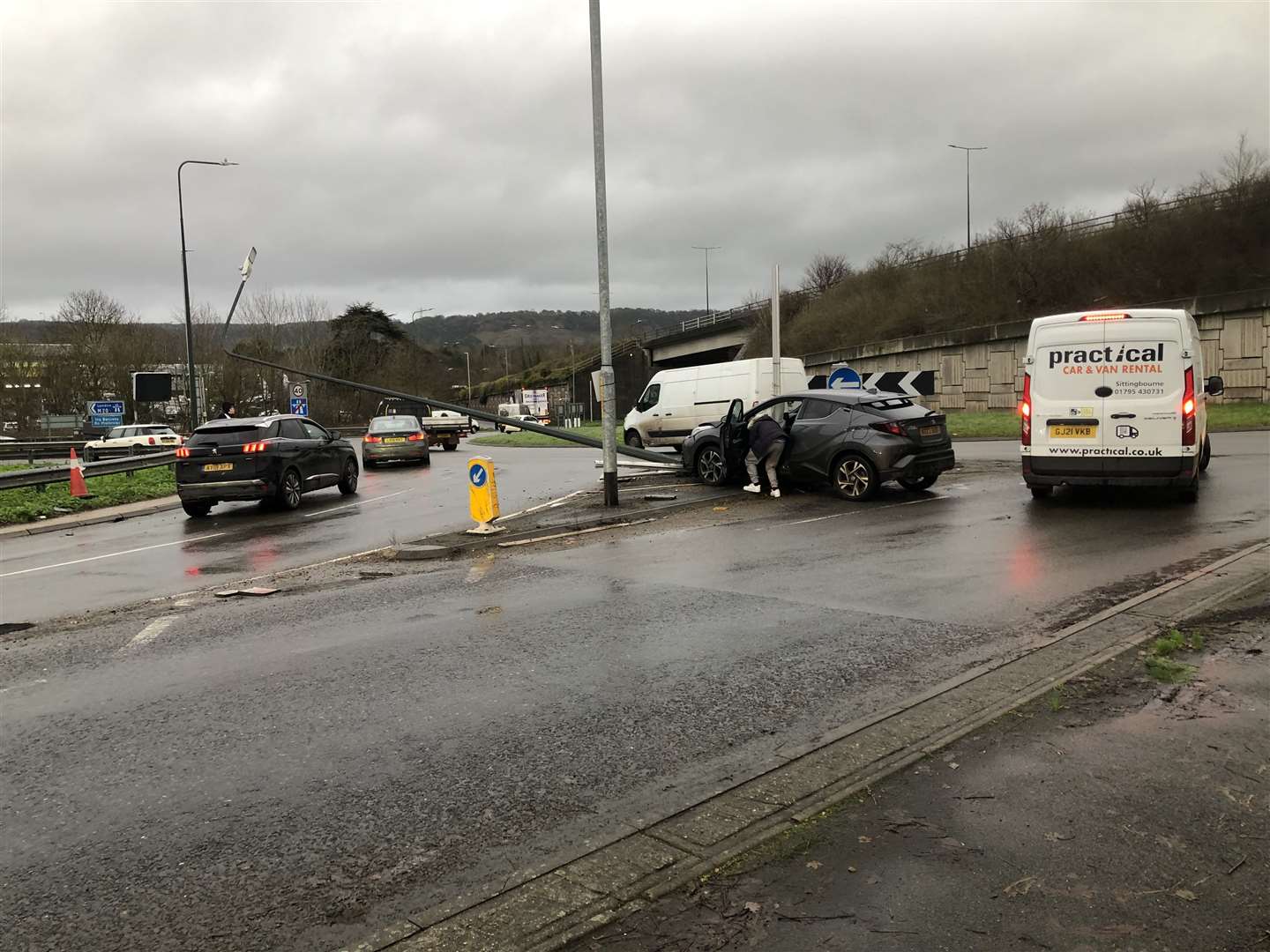 A car crashed into a lamppost on the Running Horse Roundabout in Maidstone. Picture: Jamie Emery