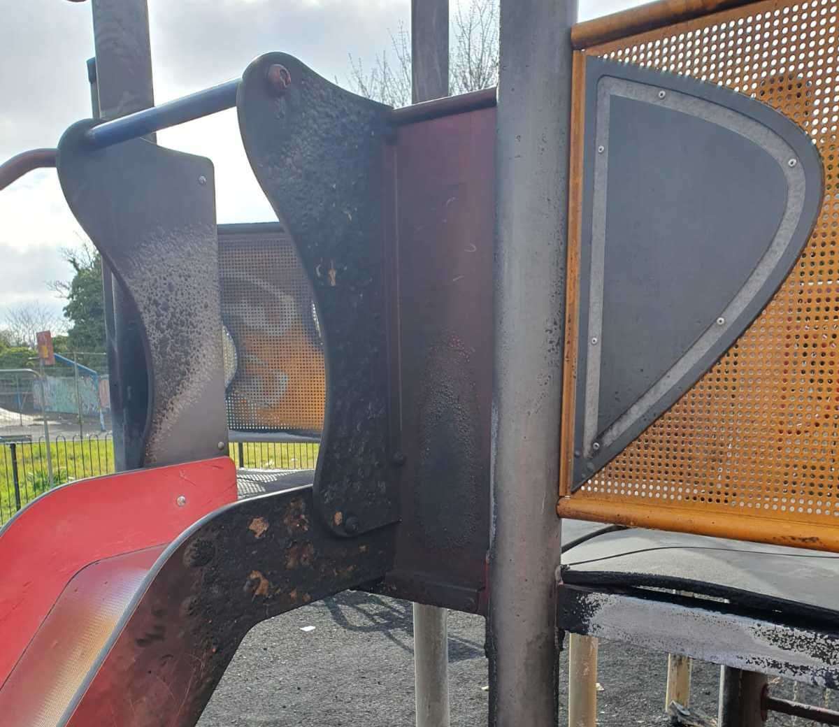 A blackened slide at Warre Rec in Ramsgate after equipment was set on fire. Picture: Thanet District Council