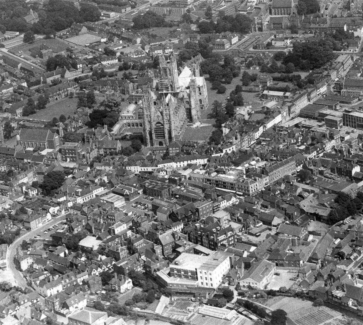 Just as Canterbury Cathedral does today, here it is dominating an aerial view of the city centre in 1971