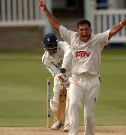 Yasir Arafat celebrates the wicket of Kent's Robbie Joseph earlier this month. Picture: BARRY GOODWIN