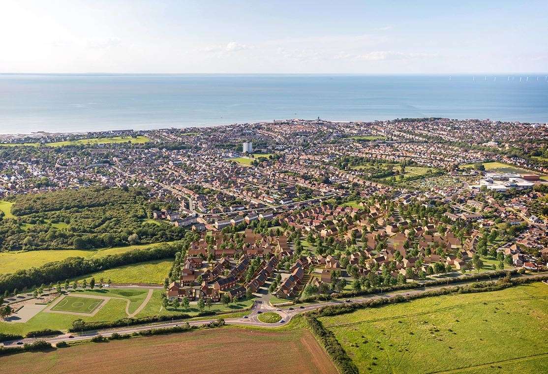 An computer-generated aerial view of the new 400-home Whitstable Heights estate, off the Old Thanet Way and opposite the proposed Benacre View development