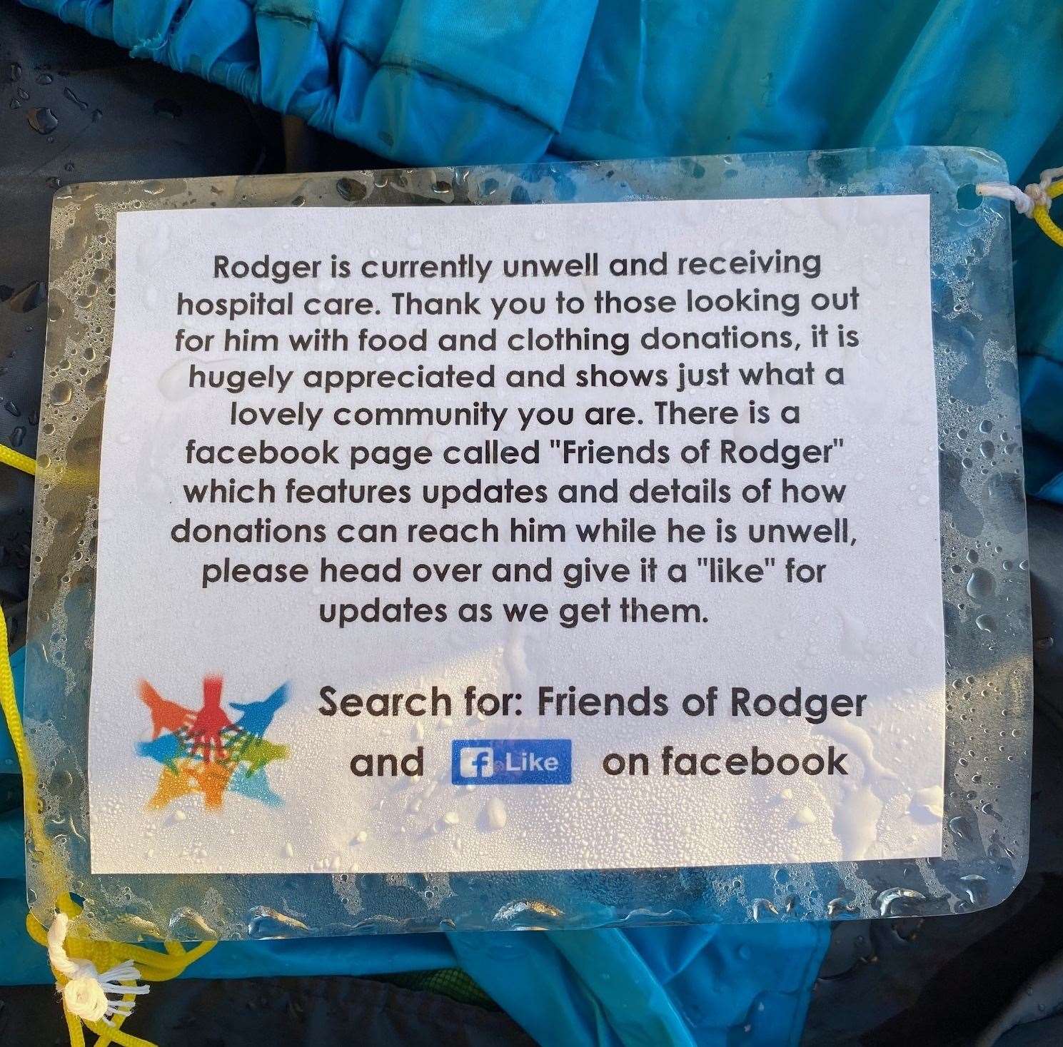 The note left on Roger's tent in St Andrew's Road, Barming, in Maidstone