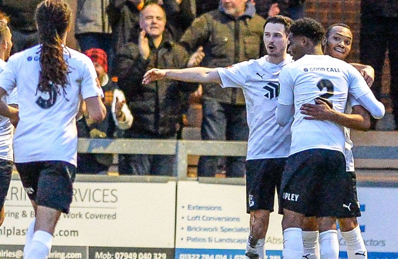 Dartford celebrate Marcus Dinanga's second goal in the 4-2 defeat of Welling. Picture: Dave Budden (54707092)