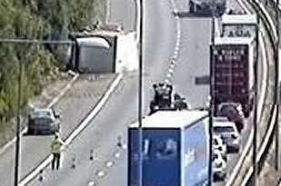Lorry carrying beer overturns on the M20. Picture: Highways Agency