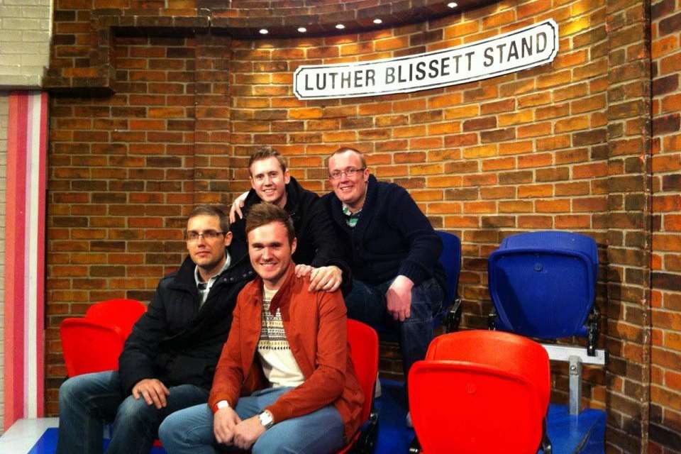 Lee Johnson (top row right) died of a brain tumour on March 7. He is pictured with friends Matthew Pamplin, Rick Bourne and Tom Stevens on Soccer AM.