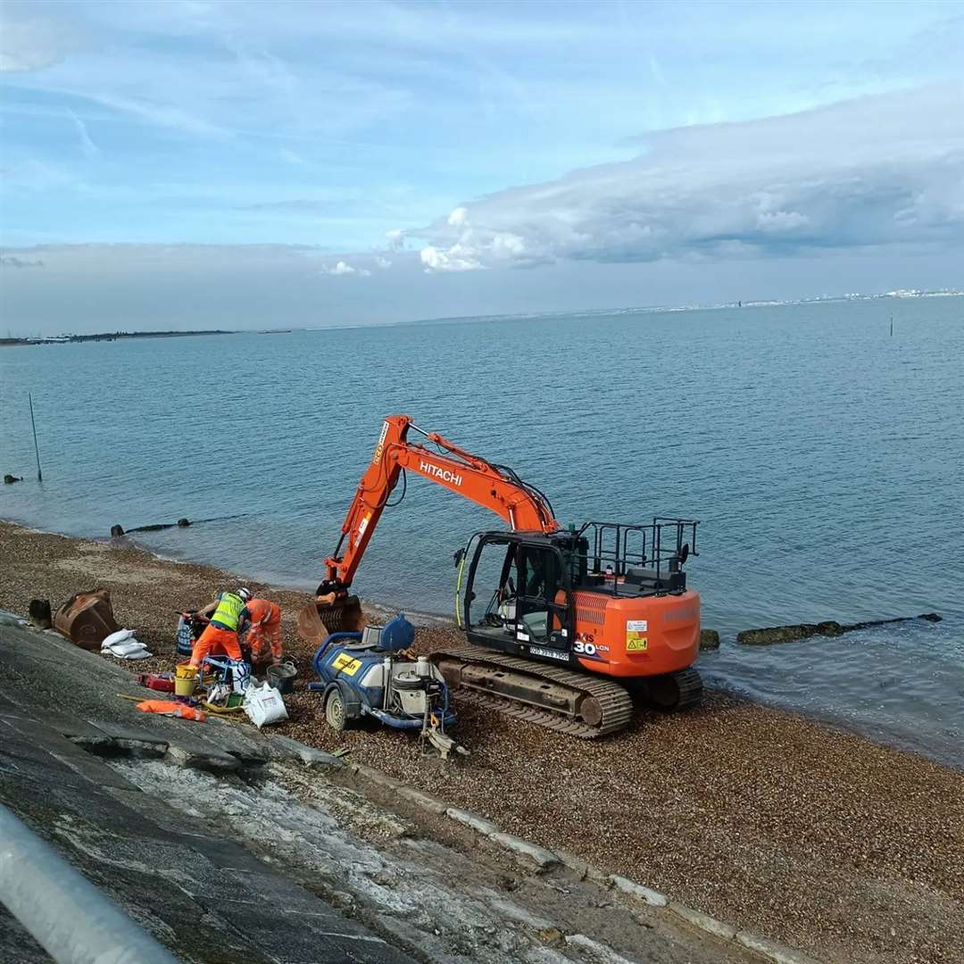 Former children's TV presenter Timmy Mallett took this photo of workers repairing the sea wall at Sheerness on the Isle of Sheppey. Copyright Timmy Mallett timmymallett.co.uk