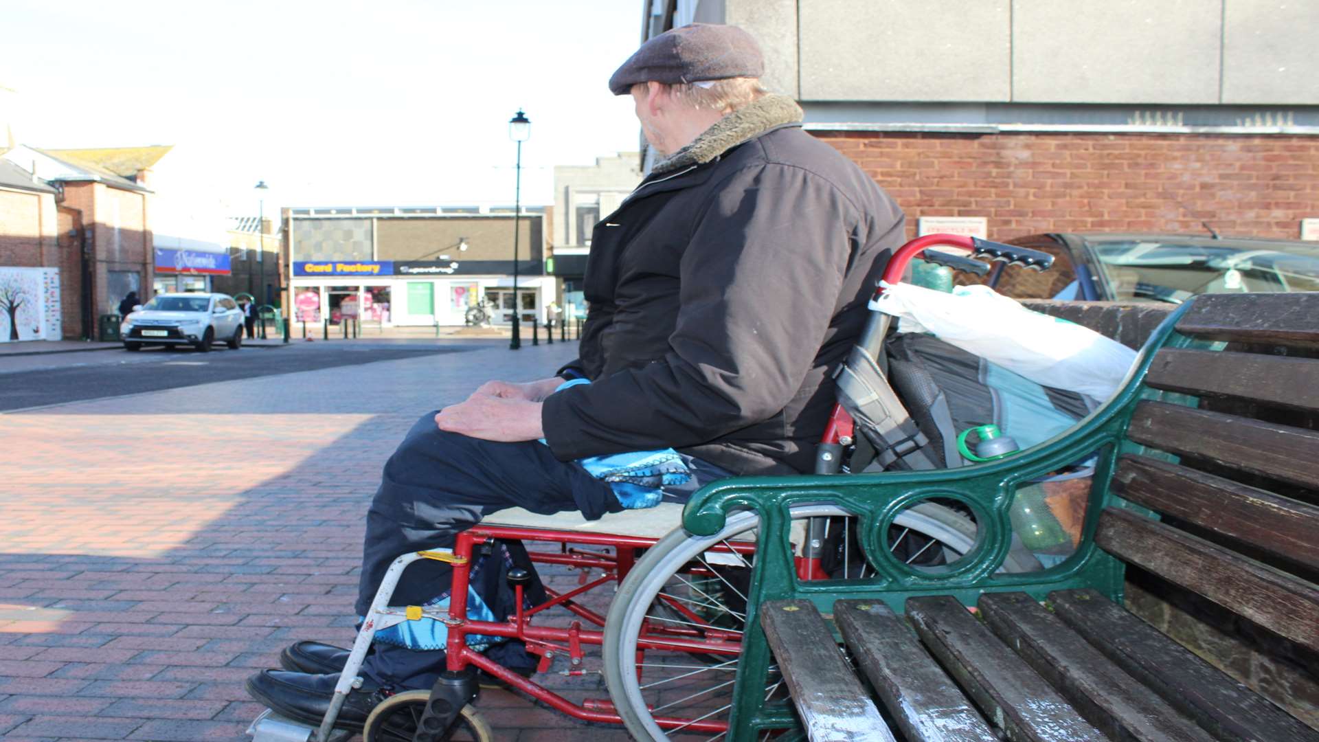 Homeless Colin Green in his wheelchair in Sittingbourne