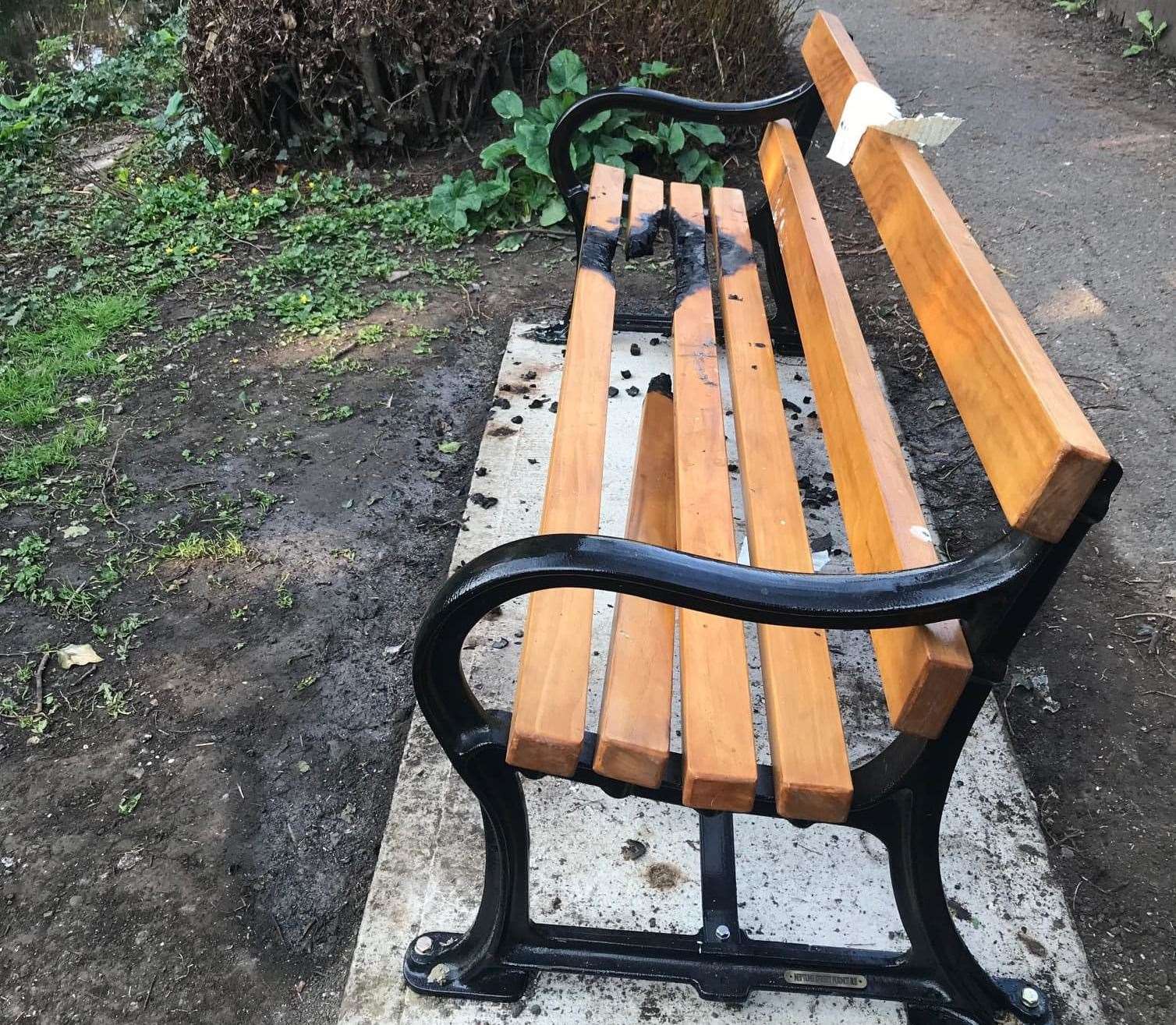 A bench recently installed by Westbrook Stream in Faversham was also torched in a suspected arson attack just last week. Picture: Faversham Town Council