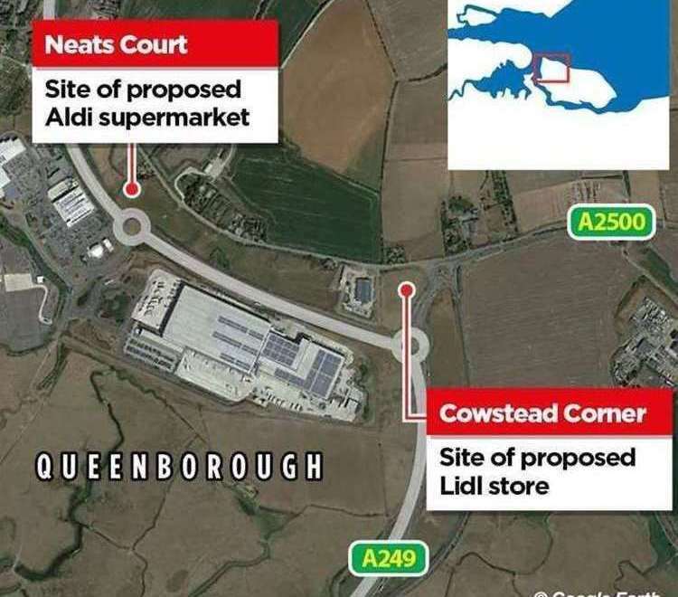 The location of the proposed Lidl, near Cowstead Corner, and the new Aldi, at Neats Court