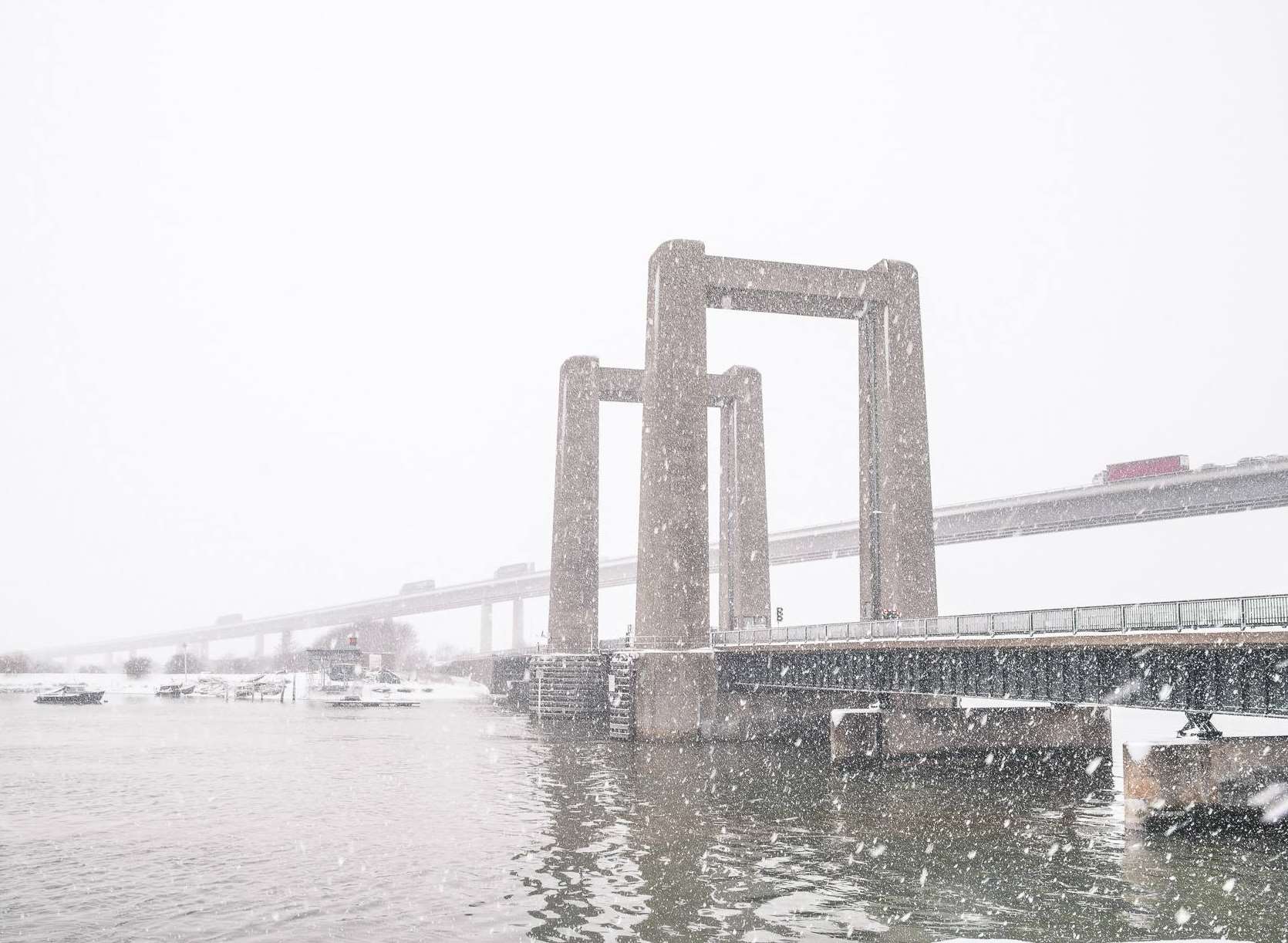The snow-covered Sheppey Crossing and Kingsferry Bridge. Picture: Julius Matikas.