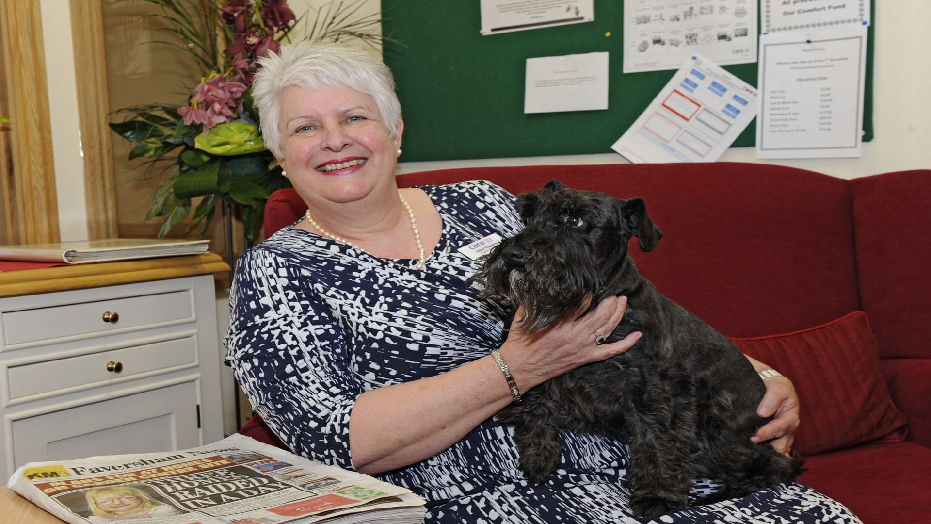 Morse the care home dog with his owner (and boss) Jane Higgins.