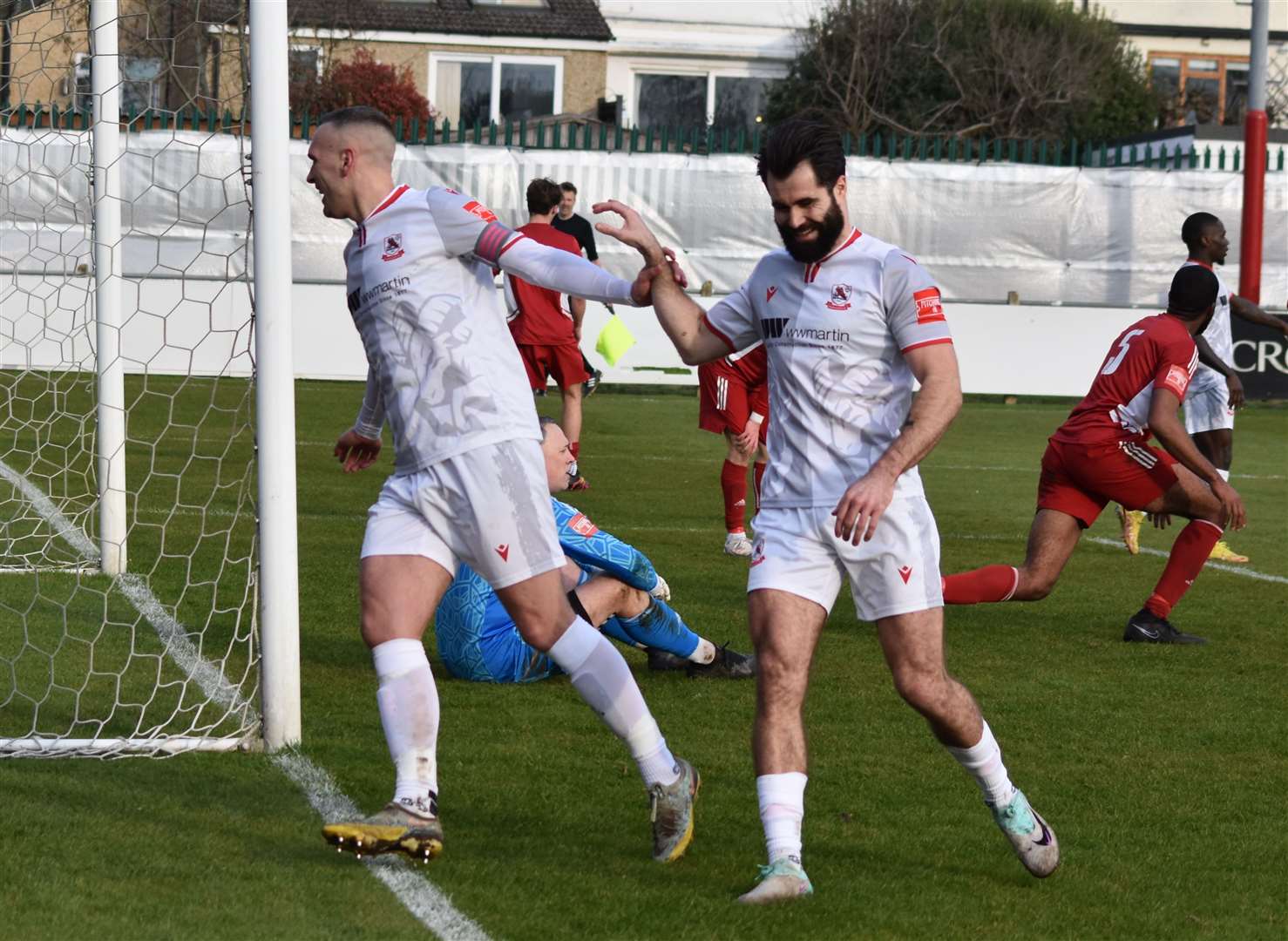 Joe Taylor (left) celebrates his goal with Joe Turner as Ramsgate go 4-2 up at Beckenham. Picture: Alan Coomes