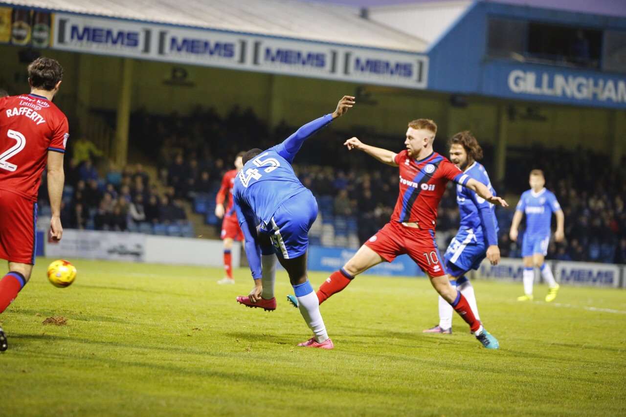 Frank Nouble fires Gills in front with a deflected strike Picture: Andy Jones