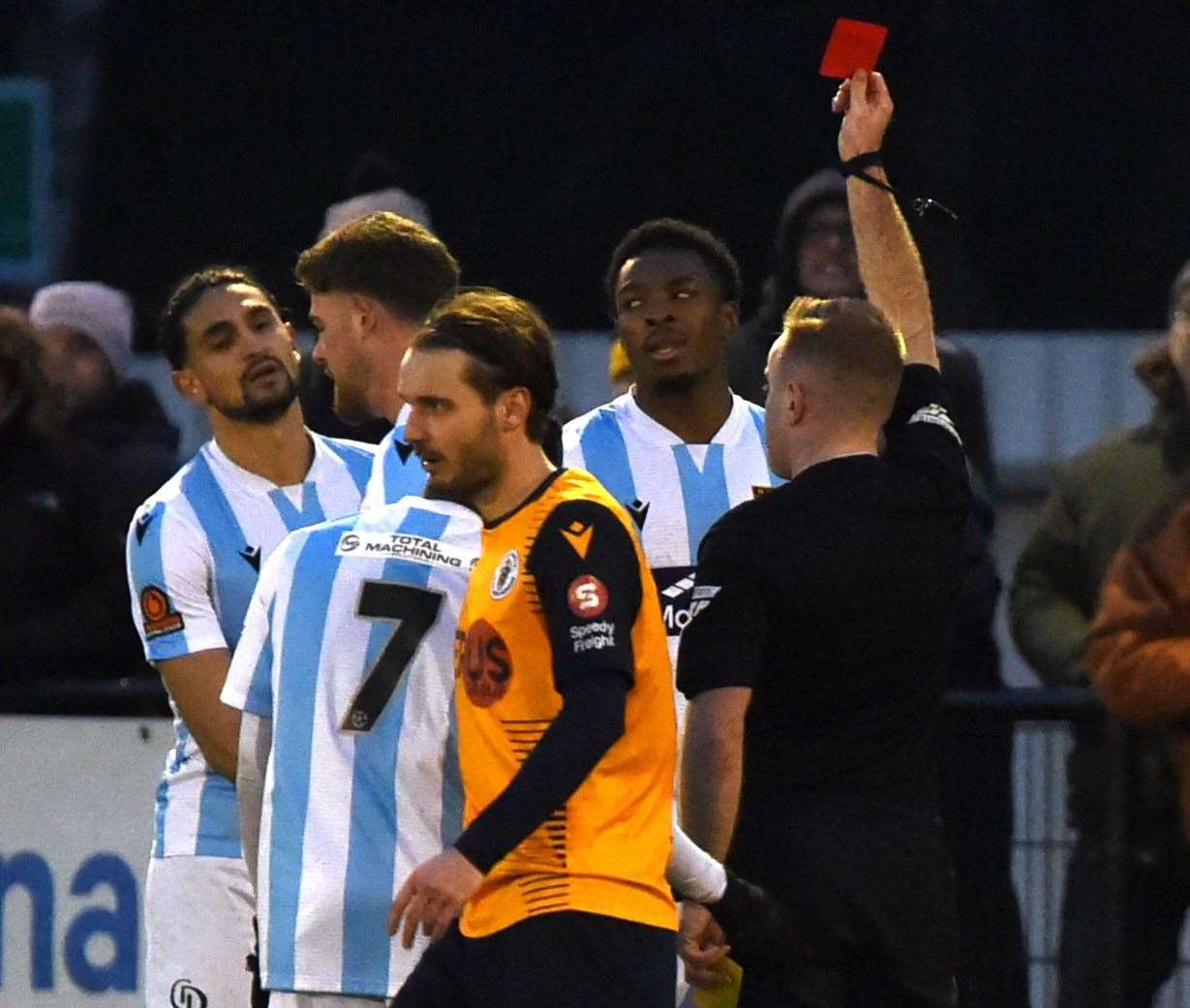Raphe Brown is sent off in Maidstone's defeat at Slough. Picture: Steve Terrell