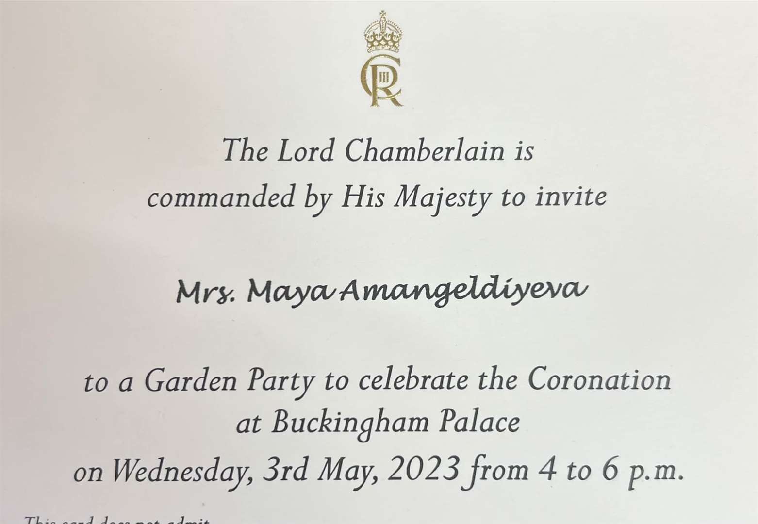 Maya's invite to the Palace. Picture: Maya Amangeldiyeva