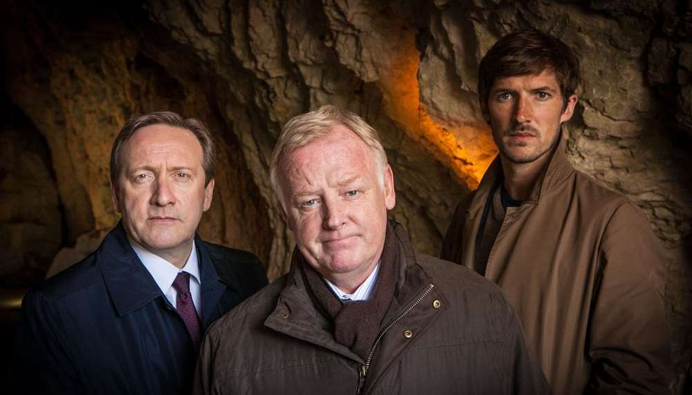 Gwilym Lee as DS Charlie Nelson, Les Dennis as Brendan Pearce and Neil Dudgeon as DCI John Barnaby in Midsomer Murders