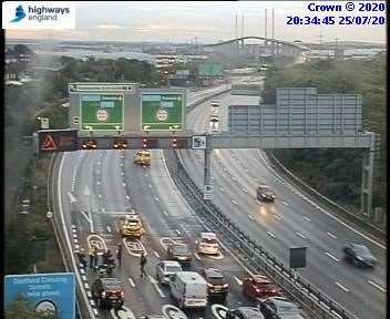 A crash involving a lorry and car has closed the M25 on the approach to the Dartford tunnel. Picture: Highways England