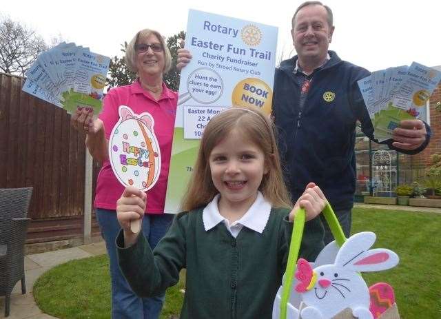 Isabelle Malster, five, of Riverview Infant School, Gravesend, and Strood Rotarians Hazel Sheehan and Paul Sutton are urging families to sign up for the club's Easter egg trail in support of Buster's Book Club (8386056)