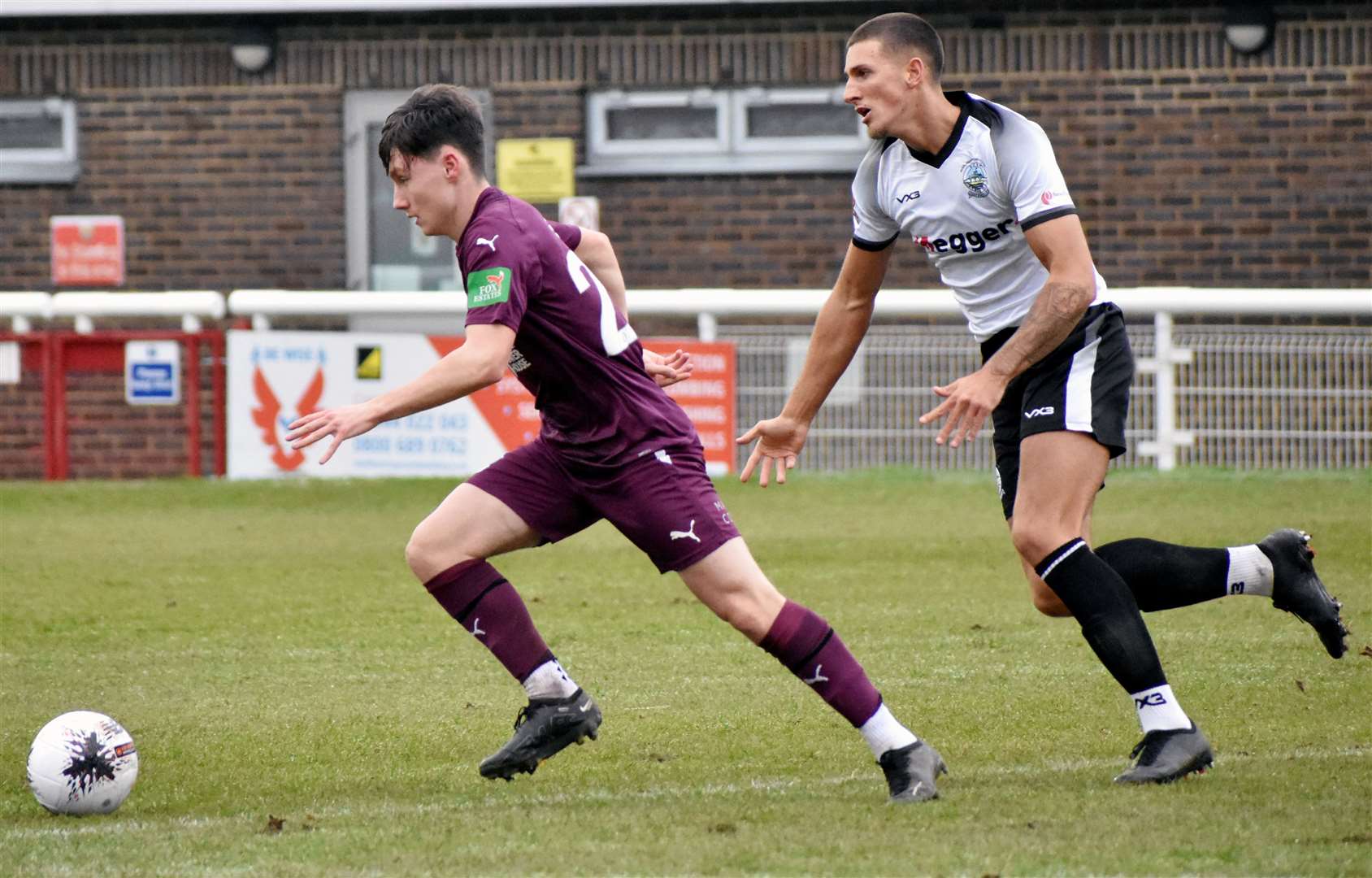 First-half Dartford scorer Olly Box gets ahead of Dover defender Scott Holding during their 2-1 weekend derby win at Dover. Picture: Randolph File
