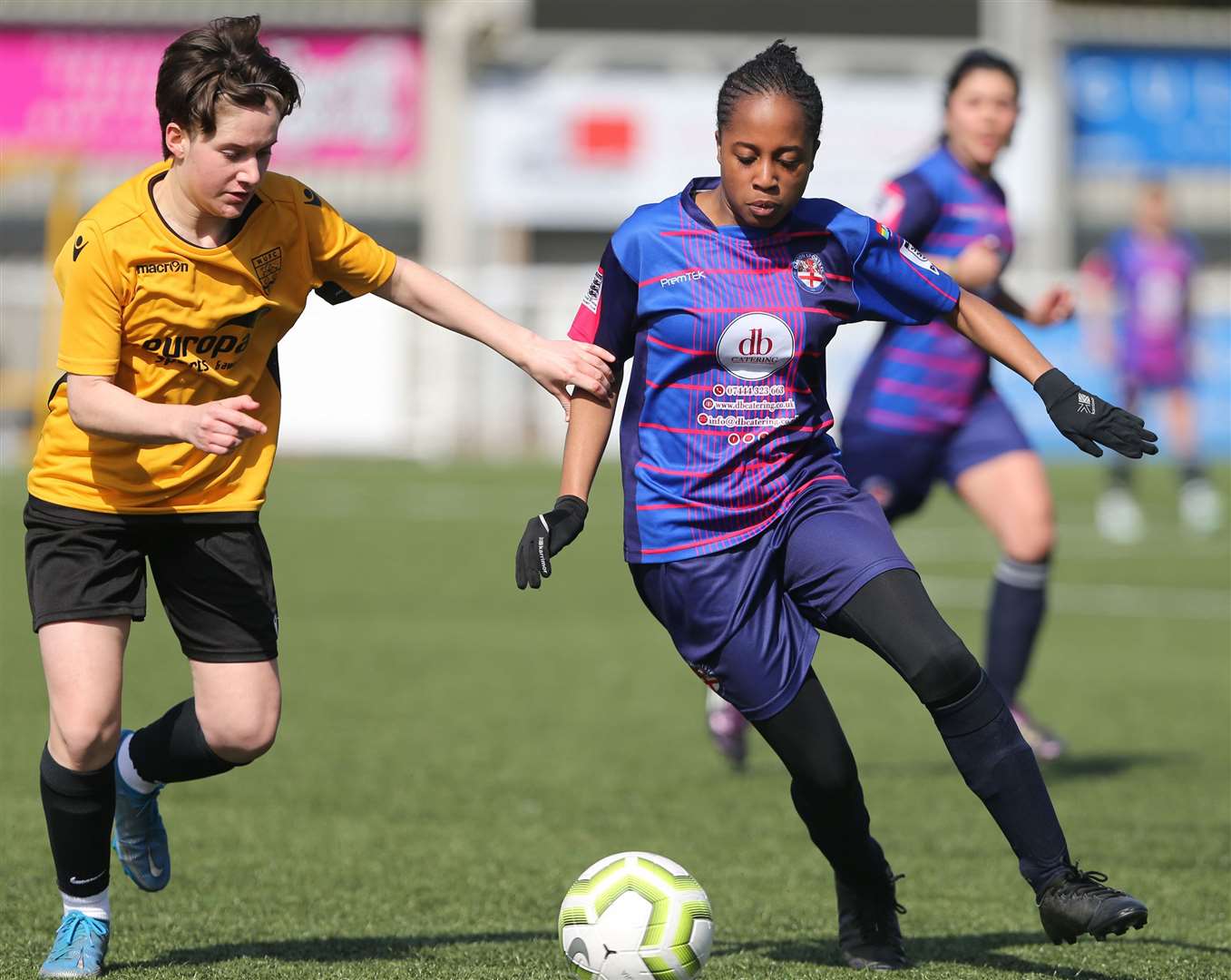 Danson Sports battle with Maidstone United (amber) in the Kent Merit Under-16 girls cup final. Picture: PSP Images