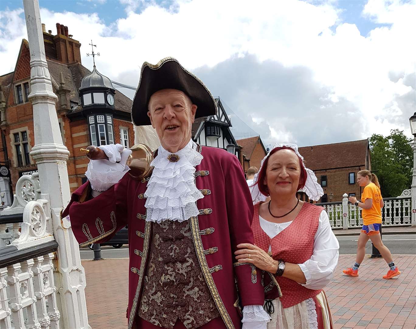 Town Crier John Scholey and his wife Liz in Tonbridge to ring in the reopening of shops