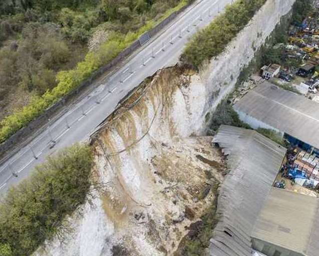 The A226 Galley Hill Road in Swanscombe has been shut since April 2023 following a major landslip. Photo: High Profile Aerial