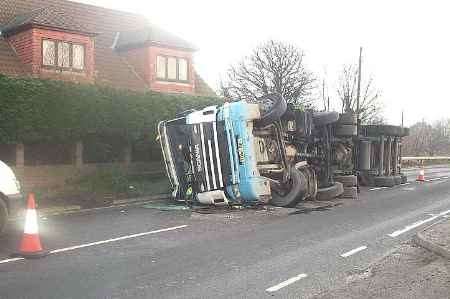 NARROW ESCAPE: The scene today after the lorry crashed