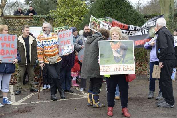 Anti-fox hunting protesters in Elham at a previous Boxing Day meet