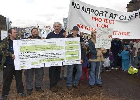 Demonstrators from the No Airport at Cliffe Action Group with a giant airline ticket in November, 2002. Picture: JIM RANTELL