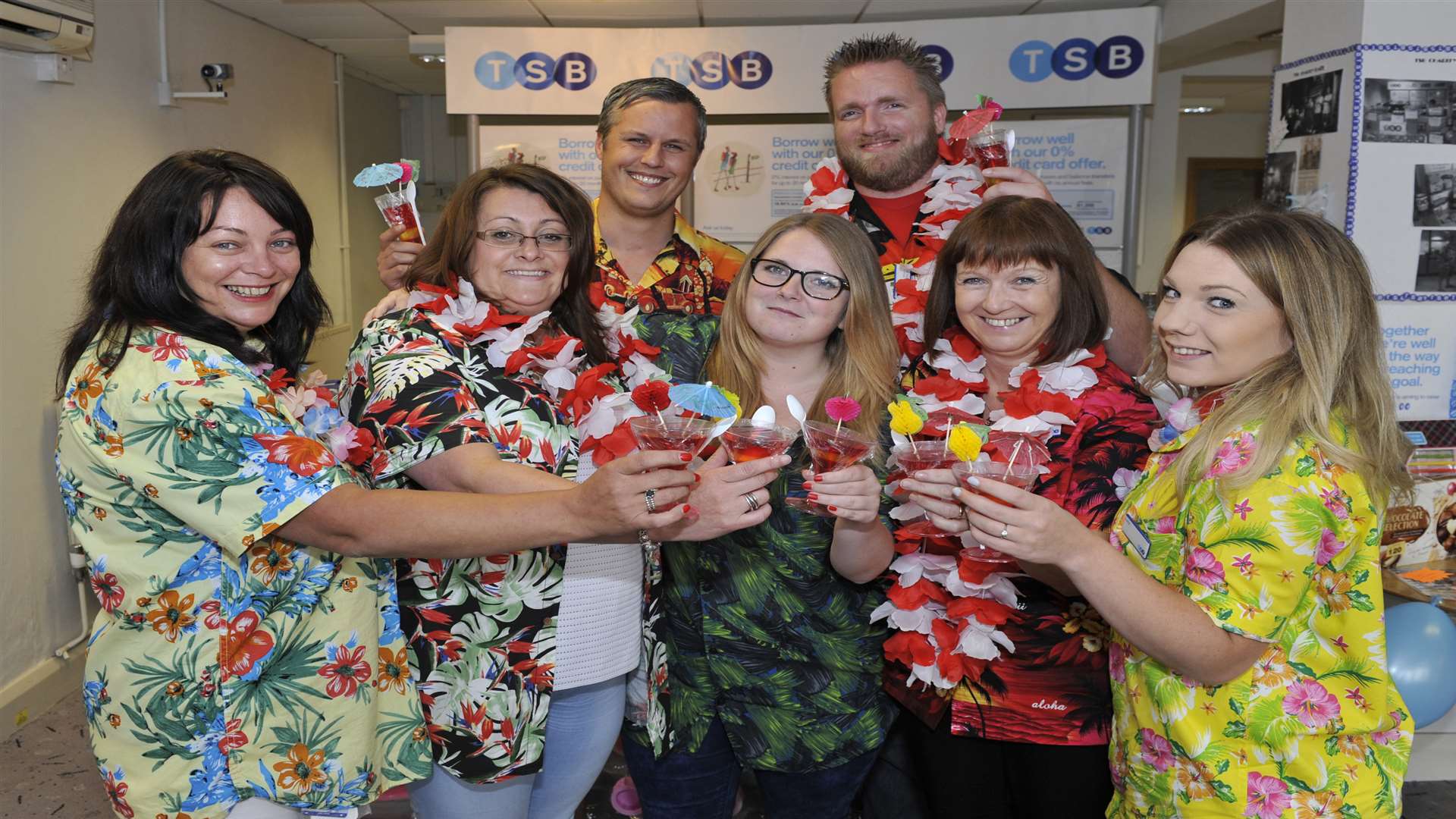 TSB, High Street, Sheerness. Staff dressed in Hawaiian shirts as a themed fundraiser for Blue Town Heritage