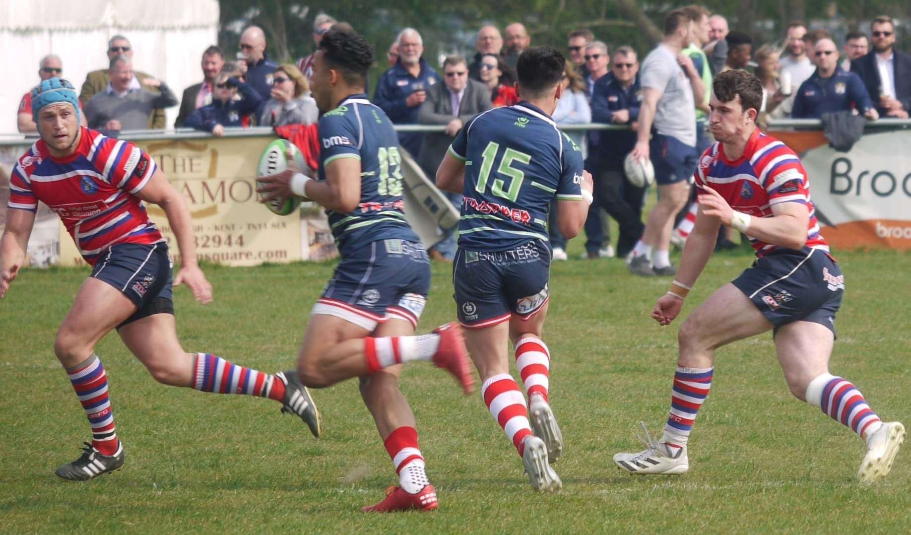 Tonbridge try scorer Duncan Trout, left, and team-mate Kyle McGhie take on Rosslyn Park