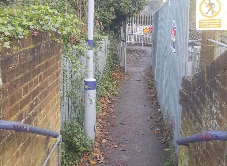 A footpath at Stone Crossing station before and after Network Rail cleaned it up.