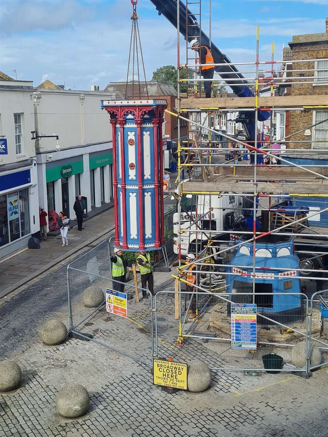 Engineers from Smith of Derby use a crane to remove the 119-year-old Sheerness clock tower. Picture: Donna Mansi