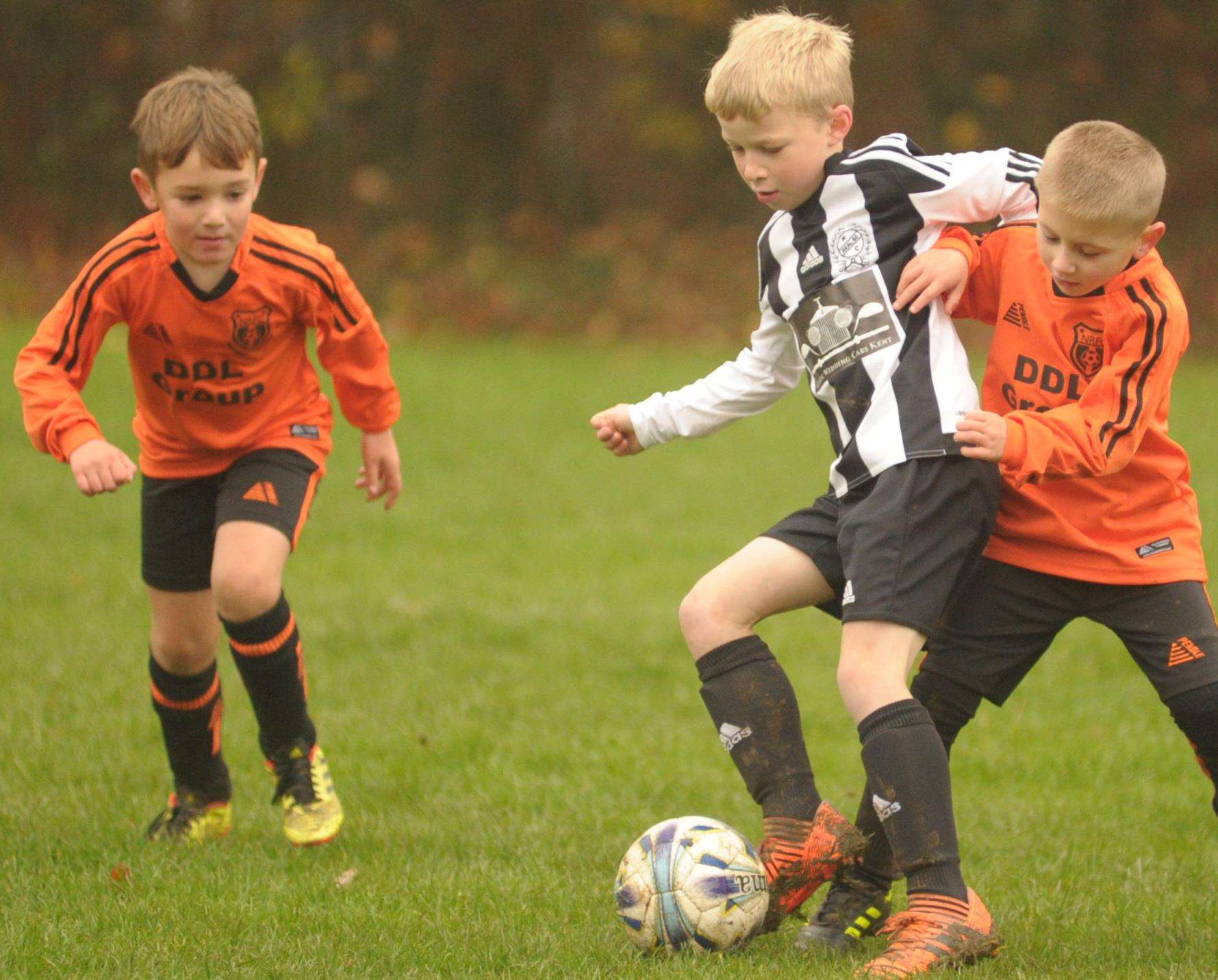 Real 60 Panthers under-7s (stripes) and New Road Giants battle it out Picture: Steve Crispe