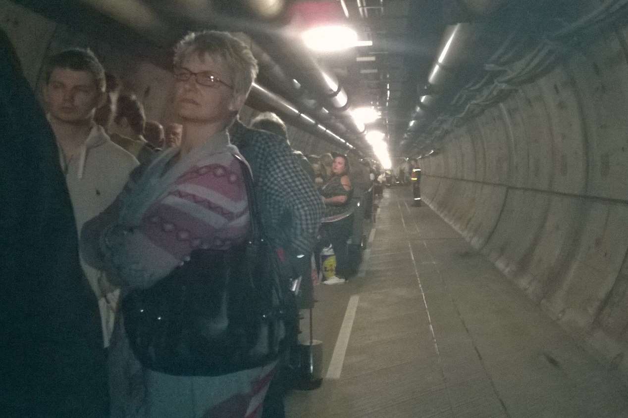 Eurotunnel passengers are led to safety in the Channel Tunnel. Picture: Brian Tait