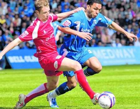 Andy Barcham on the attack for Gillingham during their 0-0 draw against Bury. Picture: Grant Falvey