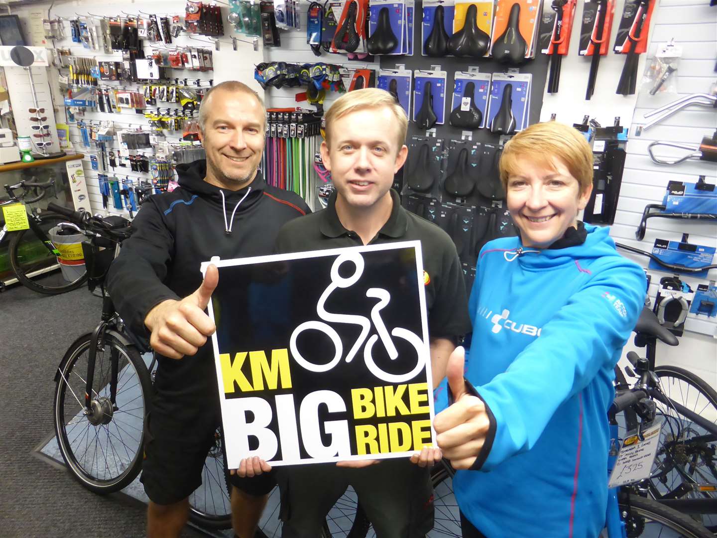 Andy Croucher, Martin Hayes and Michele Newing of Locks of Sandwich. The cycle specialist is playing a key role is staging the KM Big Bike Ride.