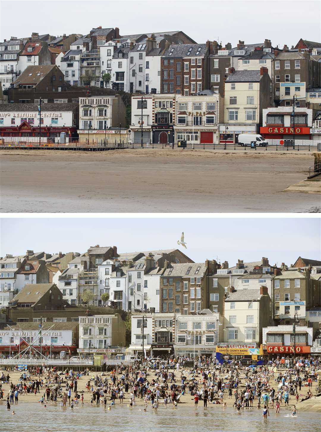 An empty Scarborough beach on Saturday, compared with how it looked during the 2019 Easter weekend (Danny Lawson/PA)