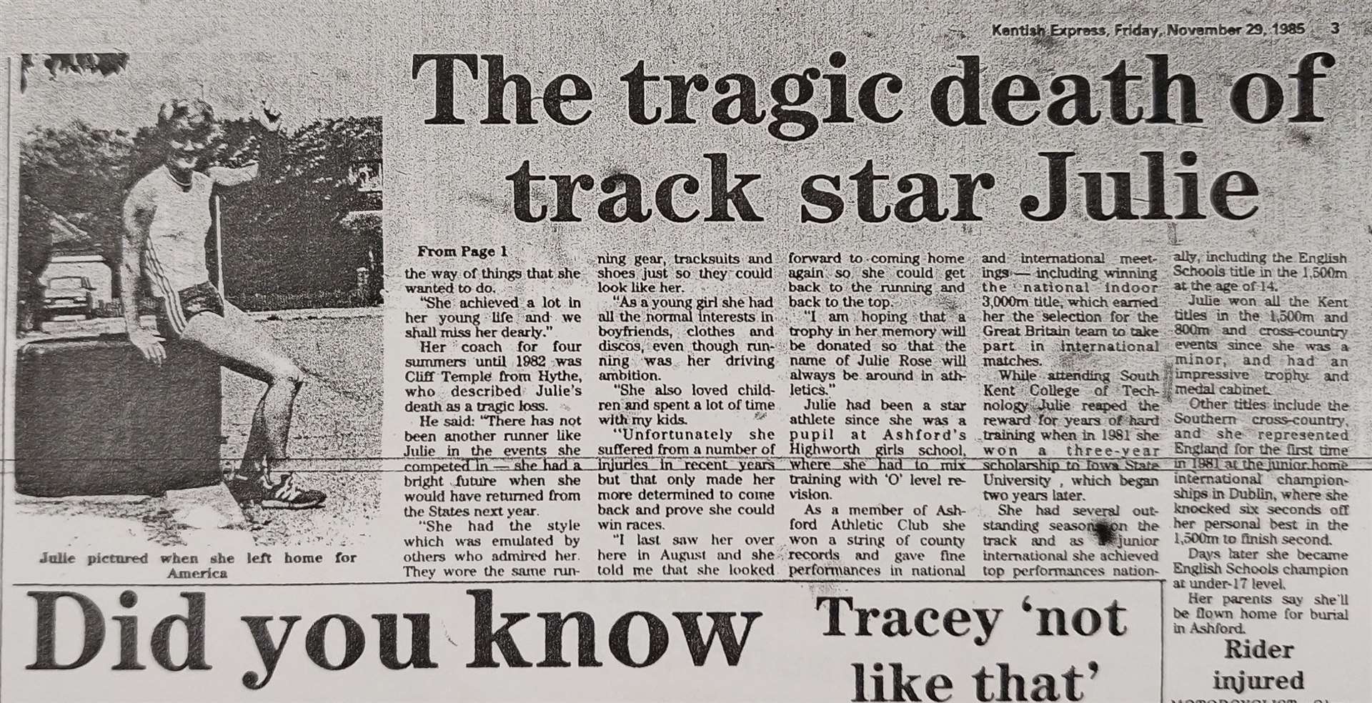 How the Kentish Express reported the death of Ashford athletics prospect Julie Rose. Picture: Kentish Express