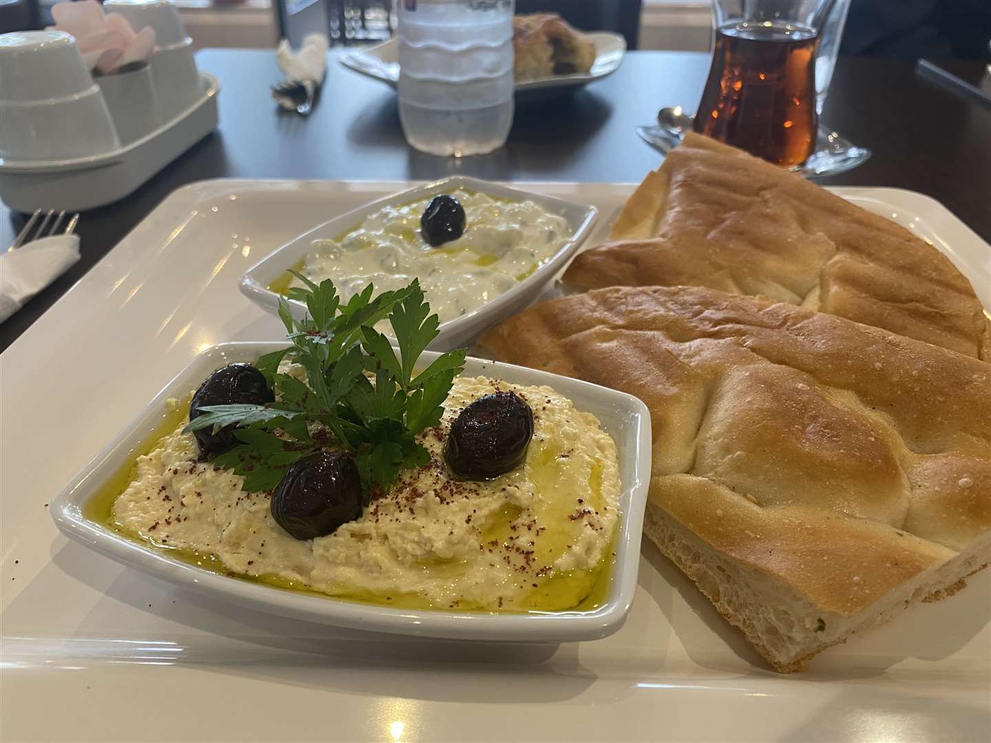 Humous and Tzatziki dip with bread from Taste of Cyprus