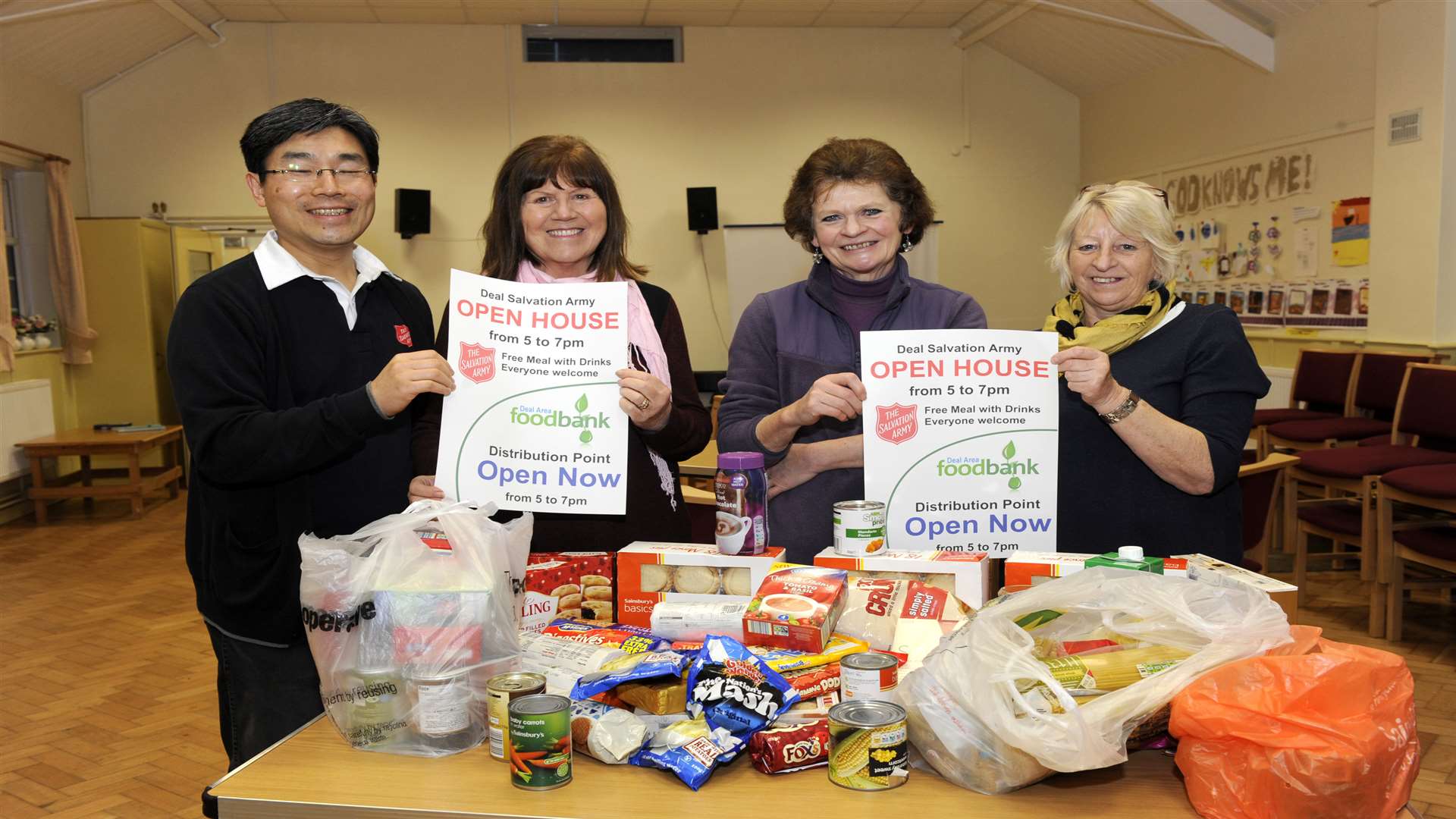 Deal Salvation Army hall. The opening of a Foodbank new outlet in January 2014. Lieutenant Kook Hwan Rho, Shiela Bamford, Shiela Ward and Maureen Parvin are pictured